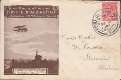 114482 1911 FIRST OFFICIAL U.K. AERIAL POST/USED LONDON "EMERGENCY" ENVELOPE IN DARK BROWN.