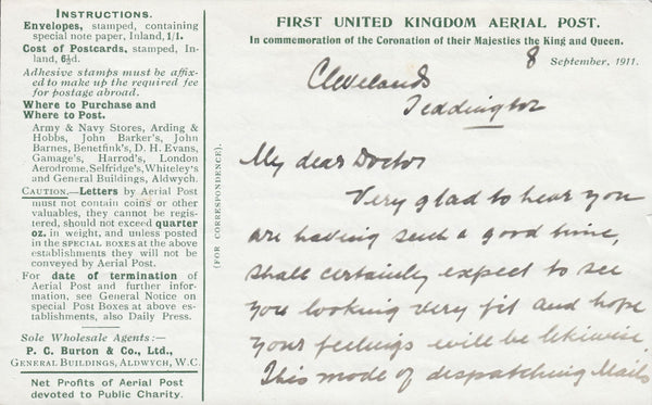 114484 1911 FIRST OFFICIAL U.K. AERIAL POST/LONDON ENVELOPE IN BRIGHT GREEN.