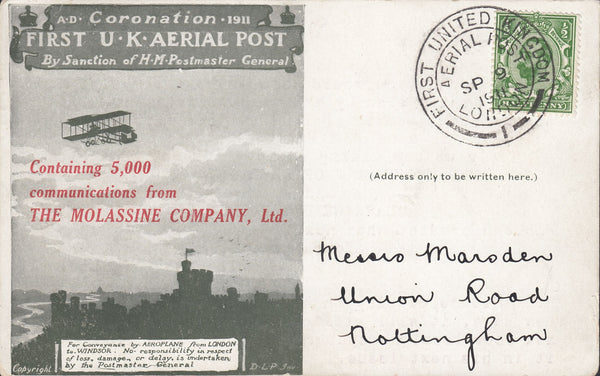 114486 1911 FIRST OFFICIAL U.K. AERIAL POST/"MOLASSINE COMPANY LTD" ADVERTISEMENT.