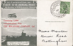 114486 1911 FIRST OFFICIAL U.K. AERIAL POST/"MOLASSINE COMPANY LTD" ADVERTISEMENT.