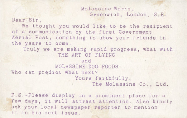 114486 1911 FIRST OFFICIAL U.K. AERIAL POST/"MOLASSINE COMPANY LTD" ADVERTISEMENT.