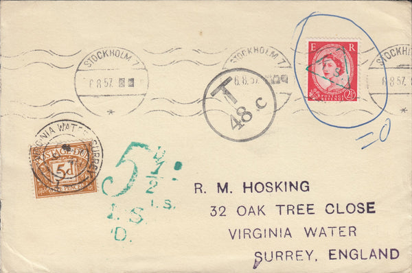 114505 1957 UNPAID MAIL DUE TO INVALID STAMP USAGE, SWEDEN TO SURREY.