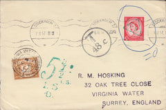 114505 1957 UNPAID MAIL DUE TO INVALID STAMP USAGE, SWEDEN TO SURREY.