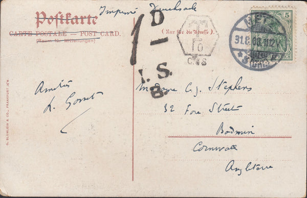 114735 1908 UNDERPAID MAIL METZ TO CORNWALL.