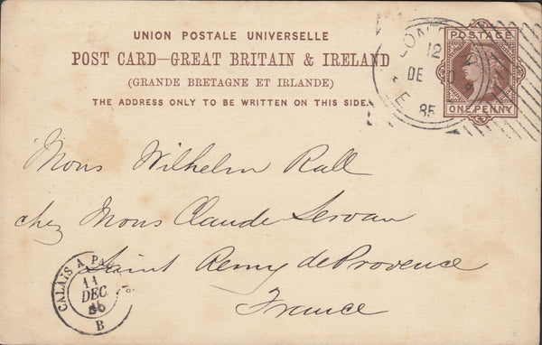 114802 1885 LONDON HOSTER CANCELLATION ON 1D BROWN UPU POST CARD LONDON TO FRANCE.
