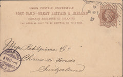 114803 1887 LONDON HOSTER CANCELLATION ON 1D BROWN UPU POST CARD LONDON TO SWITZERLAND.
