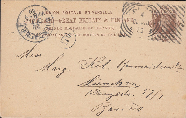 114807 1889 LONDON HOSTER CANCELLATION ON 1D BROWN UPU POST CARD TO GERMANY.