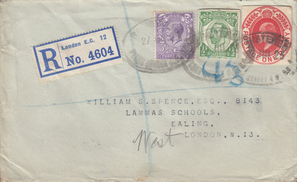 114938 1923 POSTAL STATIONERY CUTOUTS ON REGISTERED USAGE IN LONDON.
