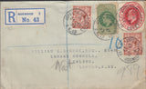 114939 1923 POSTAL STATIONERY CUTOUTS ON REGISTERED MAIL USED IN LONDON.