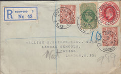 114939 1923 POSTAL STATIONERY CUTOUTS ON REGISTERED MAIL USED IN LONDON.