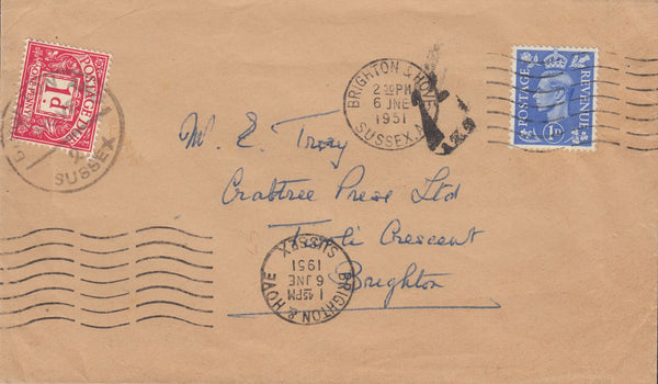 114942 1951 UNDERPAID MAIL USED IN BRIGHTON.
