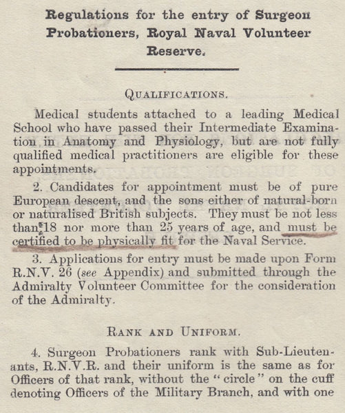 114958 CIRCA 1950'S "REGULATIONS FOR THE ENTRY OF SURGEON PROBATIONERS, ROYAL NAVY VOLUNTEER RESERVES".