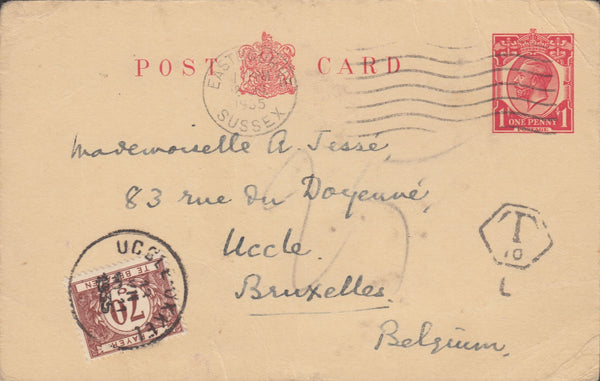 114973 1935 UNDERPAID MAIL EASTBOURNE TO BELGIUM.