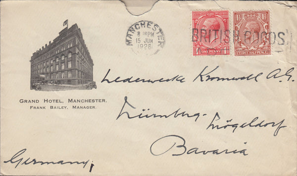114988 1926 HOTEL ADVERTISING ENVELOPE MANCHESTER TO BAVARIA.