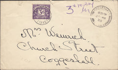 115031 1939 UNPAID MAIL USED LOCALLY IN COGGLESHALL.