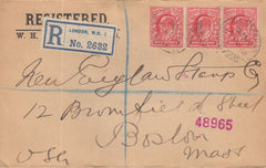 115361 1908 MAIL LONDON TO USA/1D SCARLET (SG219) X 3.
