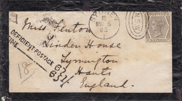 115398 1883 MOURNING ENVELOPE SYDNEY TO ENGLAND WITH UK 6D (SG160).