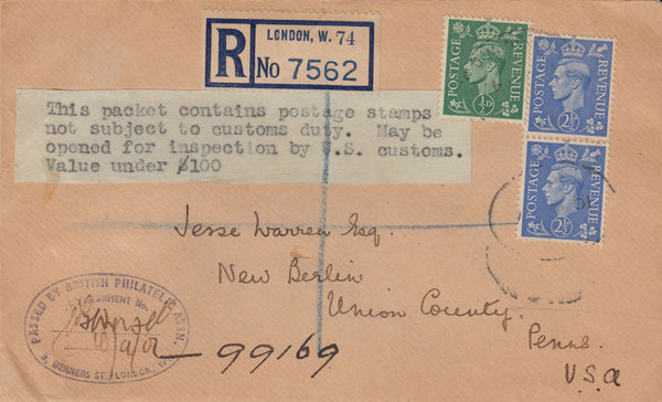 115401 1947 STAMP DEALER'S MAIL LONDON TO USA/B.P.A CACHET.