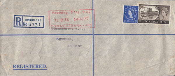 115453 1966 REGISTERED MAIL LONDON TO GERMANY/2s 6d CASTLE.