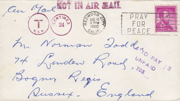 115541 1960 AIR MAIL USA TO SUSSEX "NOT IN AIR MAIL" CACHET.