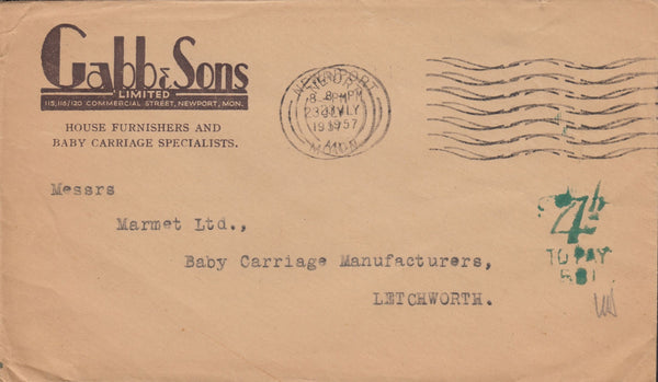115542 1957 UNPAID MAIL NEWPORT MON TO LETCHWORTH/ADVERTISING.