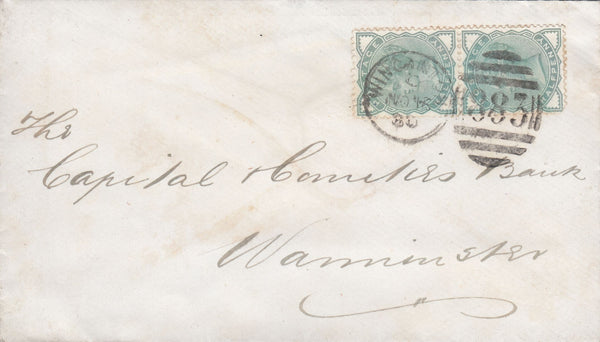 115583 1880 MAIL WINCANTON TO WARMINSTER/PAIR ½D PALE GREEN (SG165).