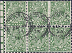 115652 1923 ½D ROYAL CYPHER (SG351) BOOKLET PANE OF SIX PRE-CANCELLED TYPE I DATE STAMP, EX ADVERTISERS VOUCHER BOOKLET.
