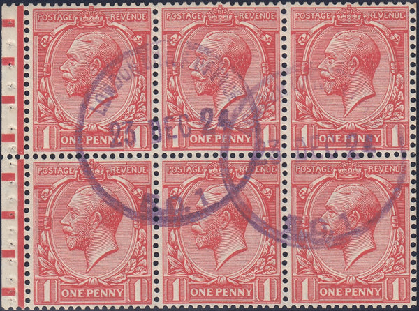 115653 1924 1D BLOCK CYPHER (SG419) BOOKLET PANE OF SIX PRE-CANCELLED TYPE J DATE STAMP, EX ADVERTISERS VOUCHER BOOKLET.