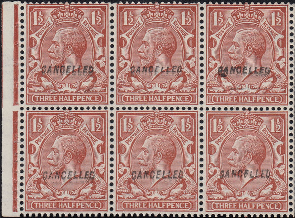 115655 1924 KGV 1½D BLOCK CYPHER (SG421) BOOKLET PANE OF SIX OVERPRINTED "CANCELLED" TYPE 28 (NB14av).