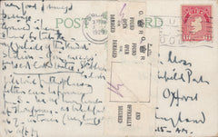 115675 1929 "FOUND OPEN OR DAMAGED AND OFFICIALLY SECURED" LABEL ON POST CARD CORCAIGH TO OXFORD.