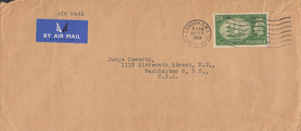 116002 1954 AIR MAIL LONDON TO USA WITH KGVI 2S 6D YELLOW-GREEN (SG509).