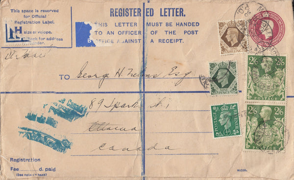116010 1950 REGISTERED AIR MAIL LONDON TO CANADA WITH 2S 6D YELLOW-GREEN (SG476b).