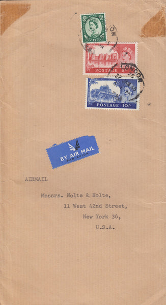 116030 1966 AIR MAIL LONDON TO NEW YORK USA WITH 5S AND 10S CASTLE ISSUES.
