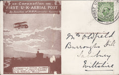 116063 1911 FIRST OFFICIAL U.K. AERIAL POST/LONDON POST CARD TO WILTSHIRE.