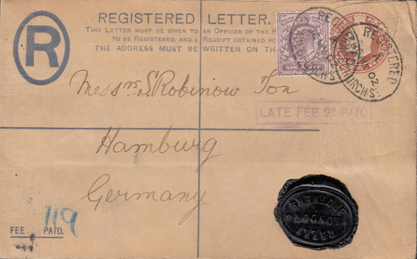 116393 1902 REGISTERED MAIL LONDON TO HAMBURG/LATE FEE.