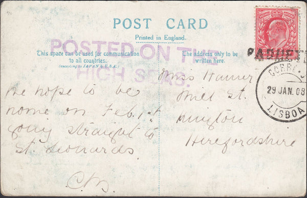 116398 1908 PAQUEBOT MAIL LISBON TO HEREFORDSHIRE.