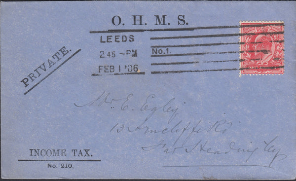 116405 1906 "O.H.M.S./INCOME TAX" MAIL LEEDS TO HEADINGLEY.