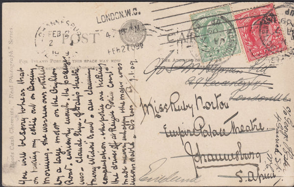 116411 1909 MAIL LONDON TO SOUTH AFRICA.