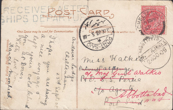 116423 1908 MAIL CHELTENHAM TO PORT SAID REDIRECTED TO INDIA.