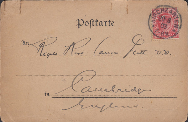 116431 1903 MAIL GERMANY TO CAMBRIDGE/1D SCARLET (SG219) USED IN GERMANY.