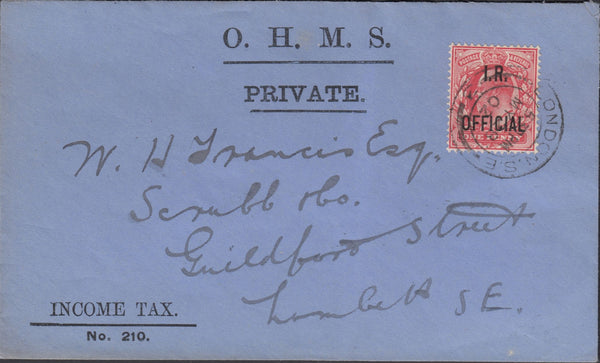 116439 1902 KEDVII 1D "I.R. OFFICIAL" (SG021) ON COVER USED IN LONDON.