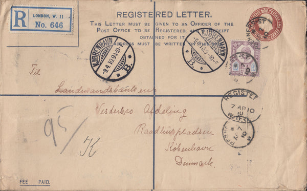 116452 1910 REGISTERED MAIL LONDON TO DENMARK.