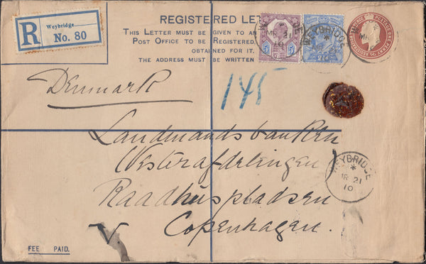 116453 1910 REGISTERED MAIL WEYBRIDGE TO DENMARK.