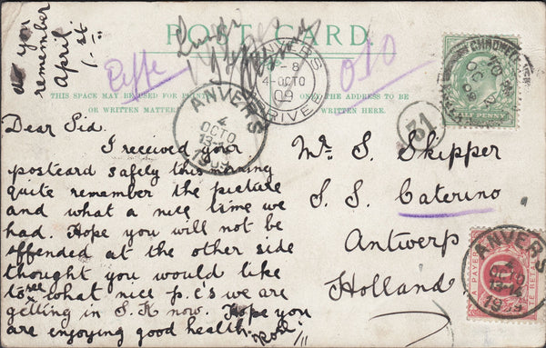116456 1909 UNDERPAID MAIL CHADWELL TO "ANTWERP HOLLAND".