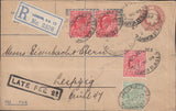 116462 1908 REGISTERED MAIL LONDON TO LEIPZIG/LATE FEE/PERFIN.