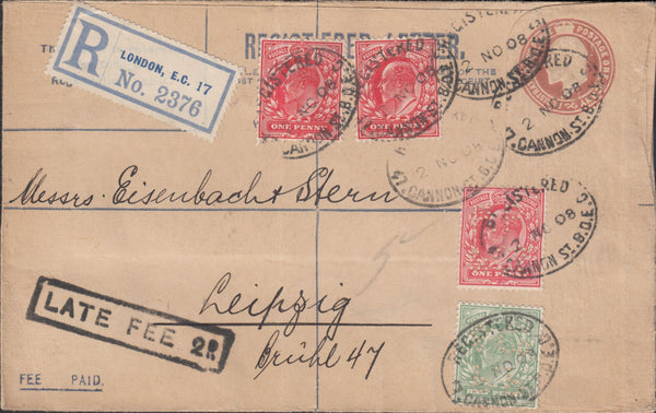 116462 1908 REGISTERED MAIL LONDON TO LEIPZIG/LATE FEE/PERFIN.