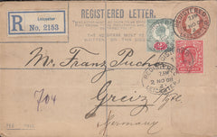116463 1908 REGISTERED MAIL LEICESTER TO GREIZ GERMANY.