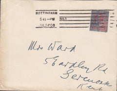 116831 RATHER 'DOG EARED' 1906 KEDVII 1D USED ON COVER AND ACCEPTED FOR POSTAGE.