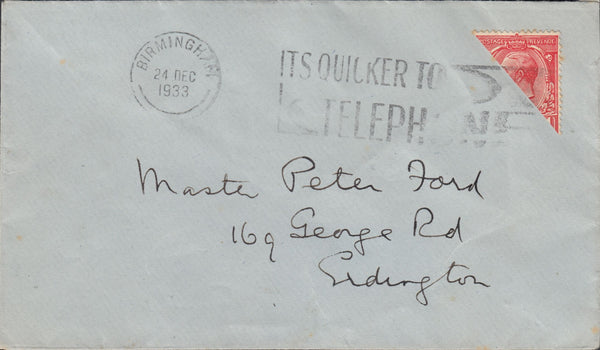 116834 1933 BISECT OF KGV 1D USED ON COVER IN BIRMINGHAM.