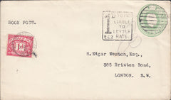 116841 1915 'BOOK POST' MAIL TO EDGAR WESTON WITH ½D POSTAL STATIONERY STUCK ON REVERSE WAYS.